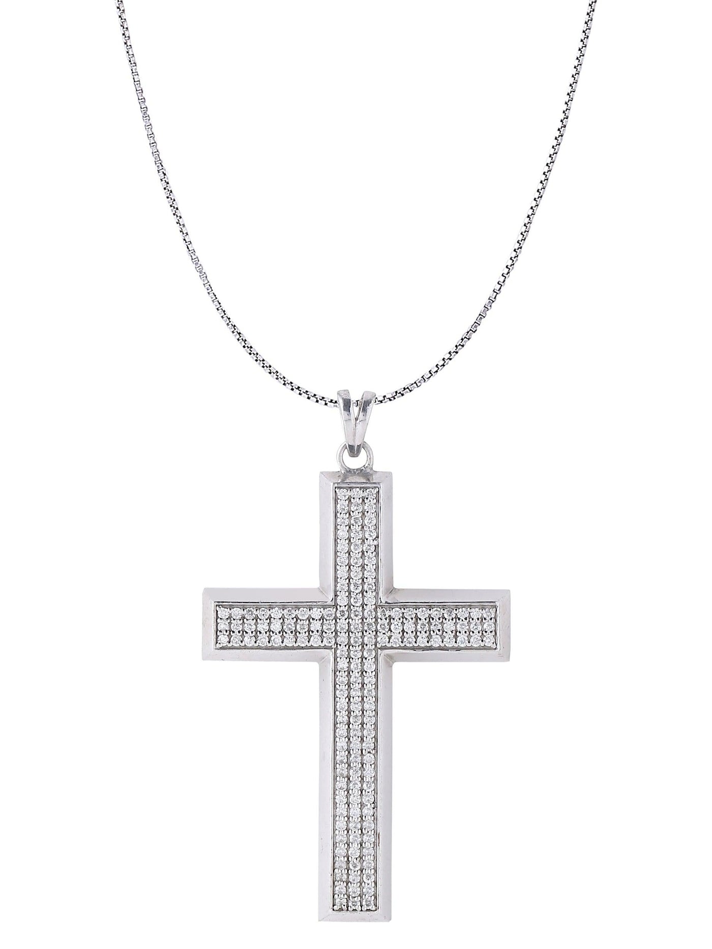 Angled Cross Pendant is a White Gold Color Pendant Made of 925 Sterling Silver Material with 20 Inch Long Silver Chain