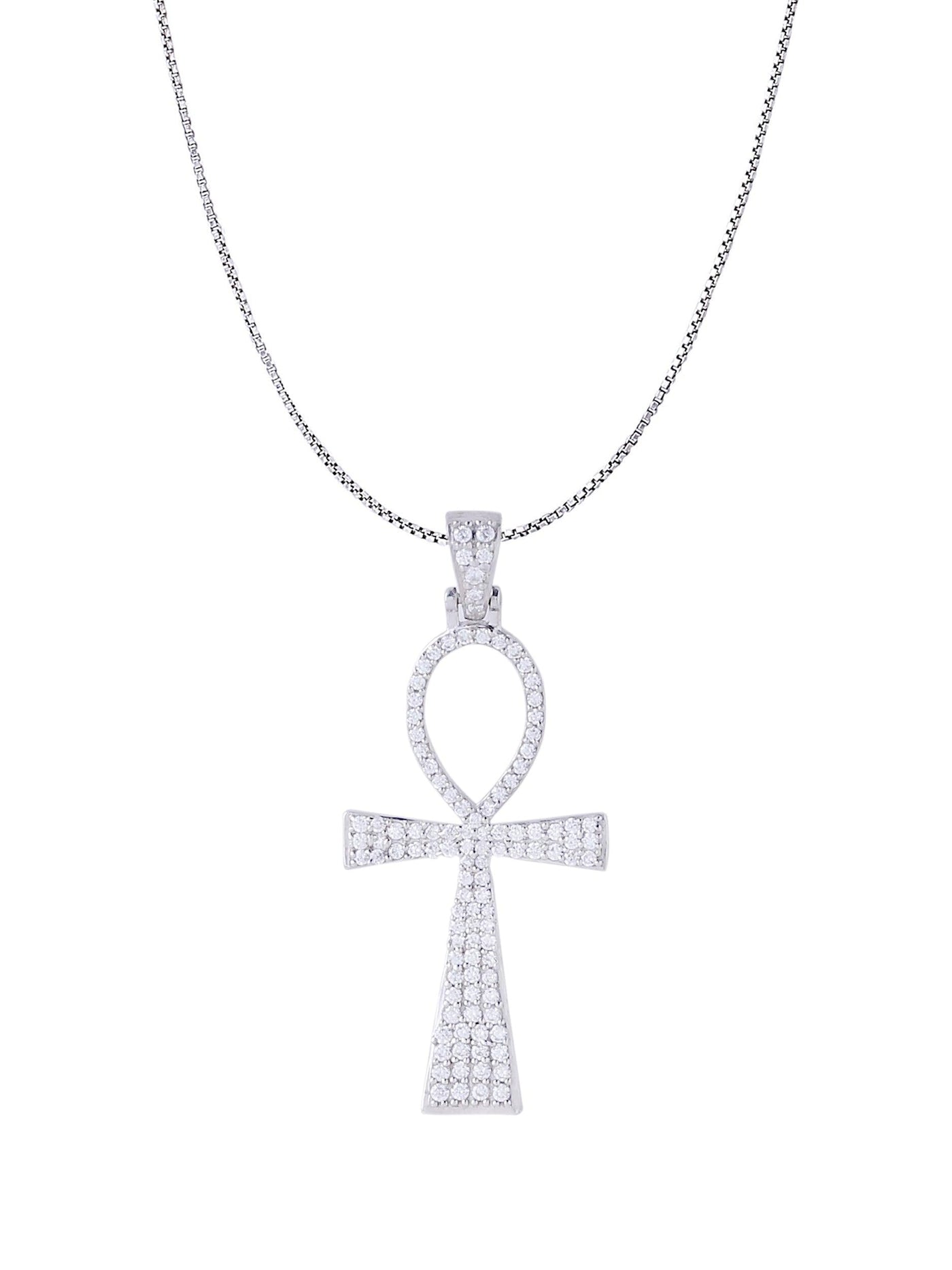 Ankh Cross is a White Gold Color Pendant Made of 925 Sterling Silver with 20 Inch Long Silver Chain