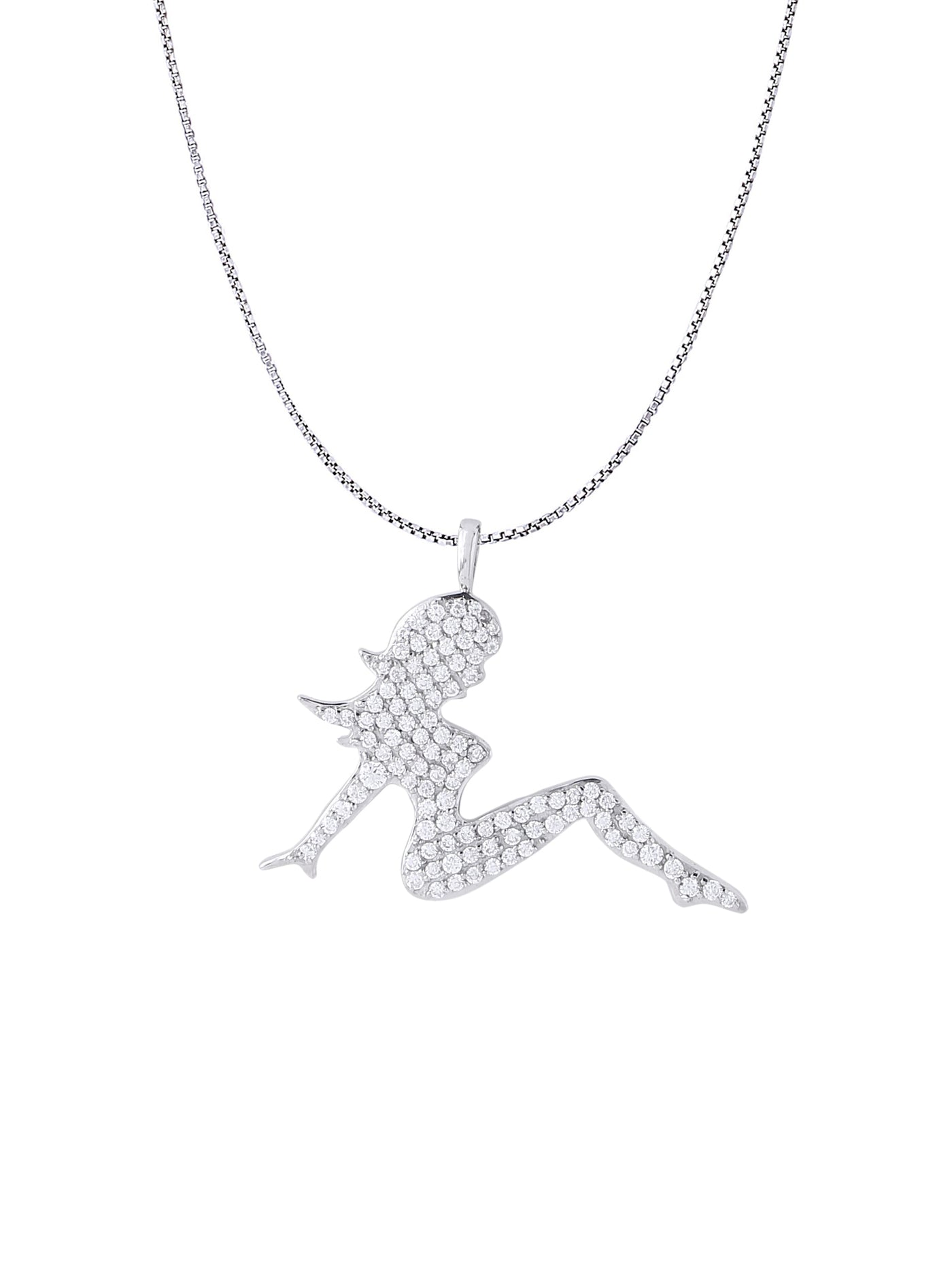 White Gold Color Lady in Bling Pendant Made of 925 Sterling Silver Material with 20 Inch Long Silver Chain