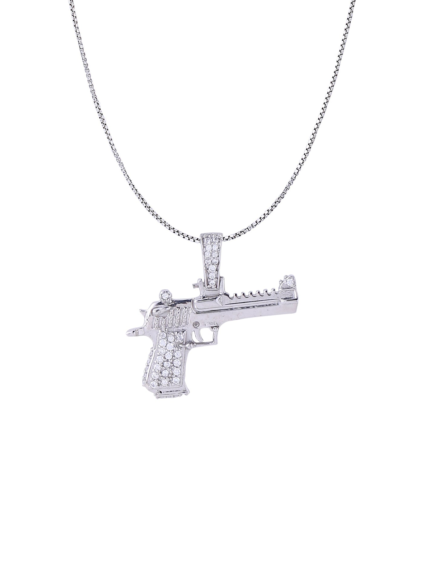 White Gold Color Glock Pistol Pendant Made of 925 Sterling Silver Material with 20 Inch Long Silver Chain