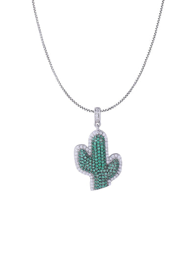 White Gold Color Cactus Pendant Made of 925 Sterling Silver Material with 20 Inch Long Silver Chain