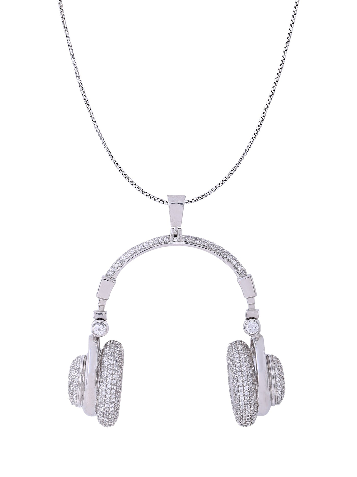 White Gold Color Headphone Pendant Made of 925 Sterling Silver Material with 20 Inch Long Silver Chain