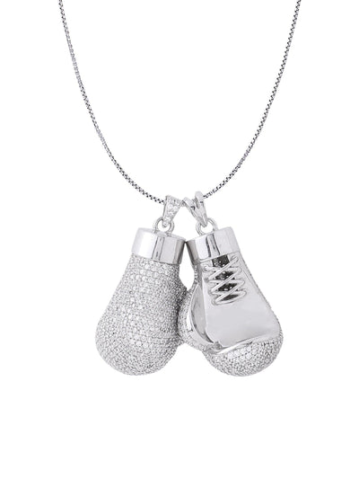 White Gold Color Boxing Gloves Pendant Made of 925 Sterling Silver Material with 20 Inch Long Silver Chain