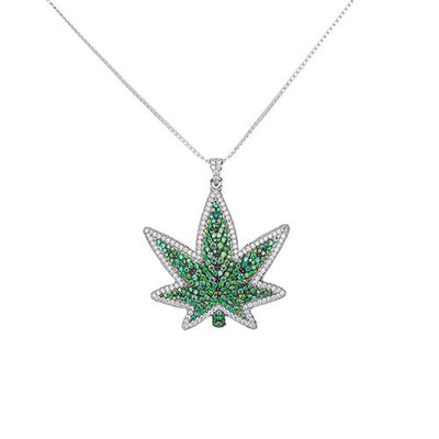 White Gold and Green Color Marijuana Pendant Made of 925 Sterling Silver Material with 20 Inch Long Silver Chain